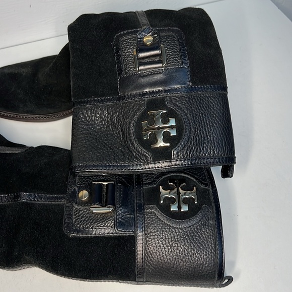 Tory Burch Boots Black Leather Suede Mid Calf Side Zip Logo Women’s Size 8.5 - Picture 15 of 16